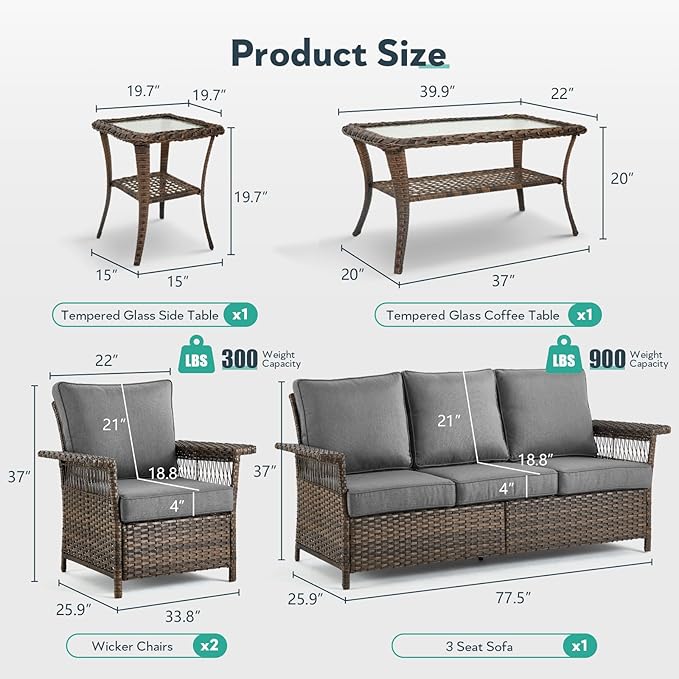 5 Pieces Wicker Patio Furniture Set - Hollow Widen Armrests Outdoor Rattan Chairs, 3 Seat Sofa with Coffee Table & Side Table, Small Patio Convention Set for Deck and Backyard - Brown/Gray