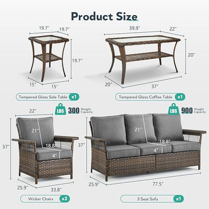 5 Pieces Wicker Patio Furniture Set - Hollow Widen Armrests Outdoor Rattan Chairs, 3 Seat Sofa with Coffee Table & Side Table, Small Patio Convention Set for Deck and Backyard - Brown/Gray
