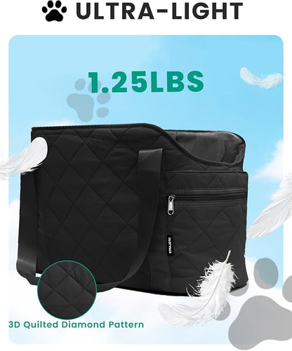 Lightweight Dog Purse Carrier for Small Dogs up to 15 lbs, Dog Tote Bag Puppy Carrier, Soft Plush Interior, Safety Leash Clip, 4 Side Pockets Dog Carrier Bag for Travel & Walking, Black