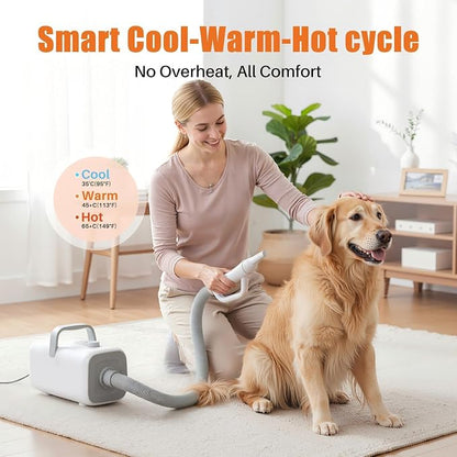 NEWBULIG Dog Hair Dryer with Heater for Grooming, High Velocity Speed | 1550W Dog Blow Dryer, Temperature Adjustable Dog Blower Grooming, White