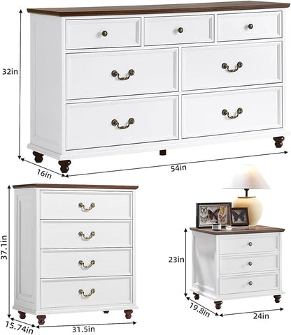 24" Wide Farmhouse Nightstand Set of 2, 54" 7 Drawers Dresser, 37" Tall Rustic Chests of Drawers w/ 4 Solid Wood Feet, Farmhouse Furniture Series for Living Room,Bedroom,White