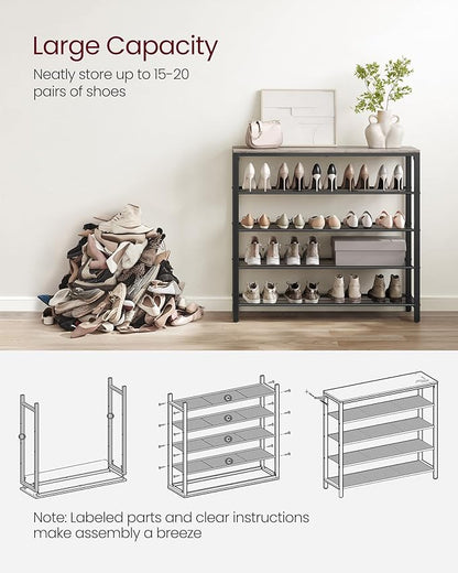 VASAGLE INDESTIC Shoe Rack, Organizer for Closet with 4 Mesh Shelves and Large Top for Bags, Entryway Hallway Shelf, Steel Frame, Industrial, Greige and Black ULBS015B02, 11.8 x 39.4 x 36.4 Inches