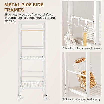 XIVIRACK 3-Tier Metal Storage Rack with Industrial Wheels,Mesh Shelving Unit with Wooden Table top,Adjustable Shelf,23.6-Inch Width,for Kitchen,Laundry,Pantry,Plant,Oak panel and white frame