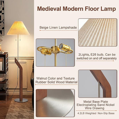 Wood Floor Lamp,2-Light Modern Mid Century Vintage Floor Lamp, Height Adjustable Living Room, Study Room,Bedroom,Office Tall Standing Lamp,Linen Lampshade
