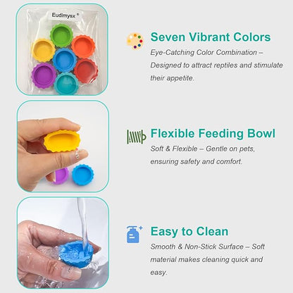 7 Pack Crested Gecko Food and Water Bowl, Eudimysx Reusable Small Reptile Feeding Dish, Gecko Tank Accessories for Hermit Crab, Tarantula, Isopods, Snails and Lizard, Silicone Easy Clean & 7 Colors
