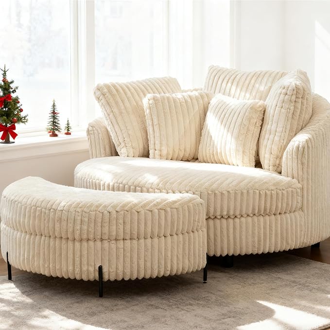 Chifee & Vingol 59.8" W Oversized Accent Round Chair Large Barrel Chair with Ottoman & Movable Wheels & 5 Pillows, Faux Fur Fabric - Beige
