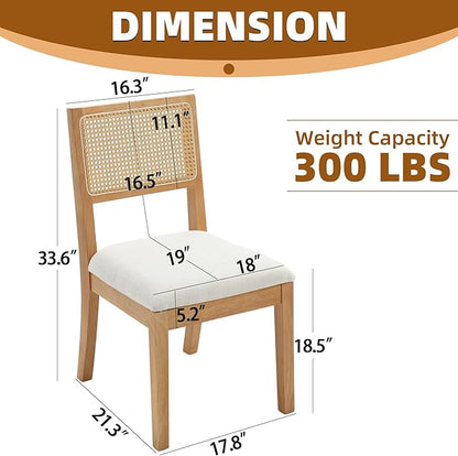 Westice Rattan Dining Chairs Set of 2, Farmhouse Natural Dining Room Chairs with Upholstered Cushion, Wood Armless Chairs for Kitchen/Restaurant