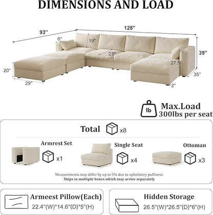 Cloud Modular Sectional Sofa Couch with Storage Ottoman, 128" Oversized Sectional Couches for Living Room, Cloud Modular U-Shaped Sofa with Chaise, 7 Seater, Chenille, Beige