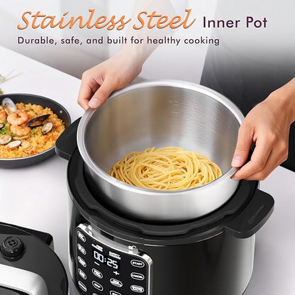 9-in-1 Electric Pressure Cooker 6 Quart Black, Stainless Steel Pot, 12 Preset