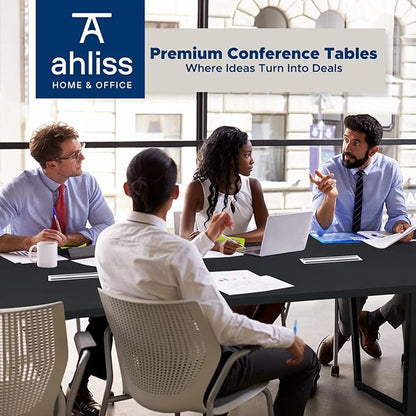 ahliss Sturdy Conference Table with Cable Management Grommets Modern Rectangle Office Meeting Table with Wood Tabletop and Metal Frame & Legs- Easy Assembly Boardroom Table (Black, 8 Foot)
