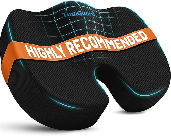 TushGuard Seat Cushion for Office Chair Memory Foam Non-Slip Cushion Back, Relief Chair Pad, Butt Pillow for Office, Car, Computer Desk, Black, X-Large