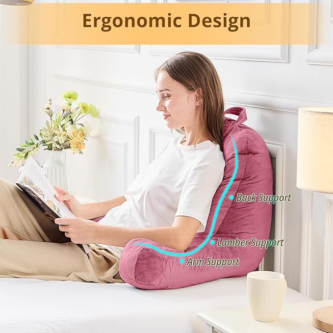 Sasttie Reading Pillow, Velvet Back Pillow for Bed Sitting Up, Adult Back-Rest Support Cushion with Arms for Sit Up on Couch, Sofa, and Floor, Dorm Essentials, Reading Accessories, Rose Pink