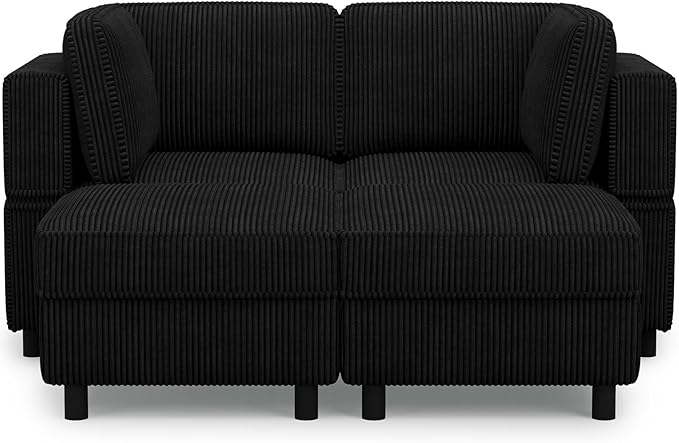 63" Modular Sectional Sofa with Storage Seat,Corduroy Sectional Couch Convertible 4 Seat Modular Sleeper Sofa Couch with Movable Ottoman Chaise,Comfy Sectional Couches for Living Room,Black
