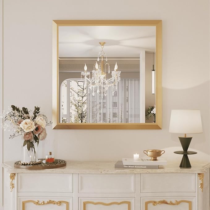 Amorho Bathroom Mirror, 36x36 Inch Golden Thick Metal Framed Wall Mirrors