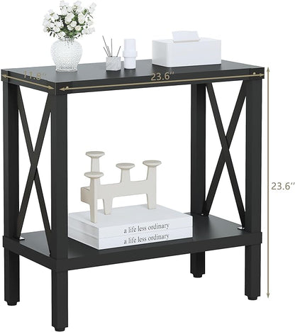Narrow End Table, Large Sofa Side Table, Farmhouse Nightstand with Storage Shelve, Slim Bedside Table for Living, Room Bedroom, Lounge Black MLBZ17B