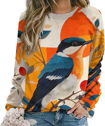 Womens Long Sleeve Tops Y2k Japanese Art Print Sweatshirts Fall Pullover for Women Crewneck Vintage Shirts Boho Tops