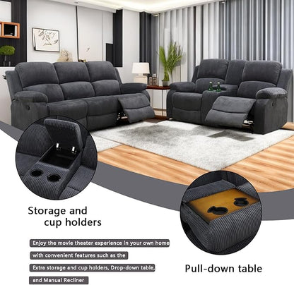 A Ainehome Living Room Furniture Set Grey Corduroy Recliner Sofa Set Loveseat Chair Furniture Sofa Set for Living Room/Rv/House/Office/Theater Seating (A-Dark Grey Corduroy, Sofa+Loveseat)