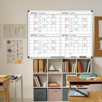 XBoard Magnetic Calendar Whiteboard 48x36 inch, 4 Month Dry Erase Board Planner with Silver Aluminium Frame, Foldable White Board Calendar for Home School Office Organization