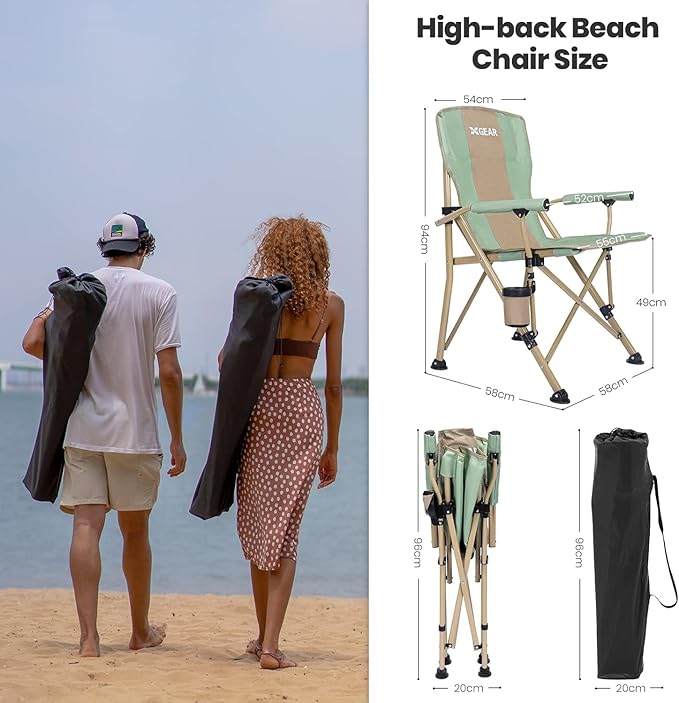 XGEAR Camping Chair Hard Arm High Back Lawn Chair Heavy Duty with Cup Holder, for Camp, Fishing, Hiking, Outdoor, Carry Bag Included