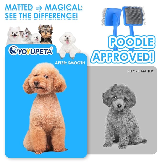 Large Dog Slicker Brush & Comb Set with Leather Sleeves - Long Pin Deshedding Brush for Golden Retrievers, Poodles, Doodles & Thick Coats, Wood Handle Pet Grooming Kit for Dogs, Cats. Blue