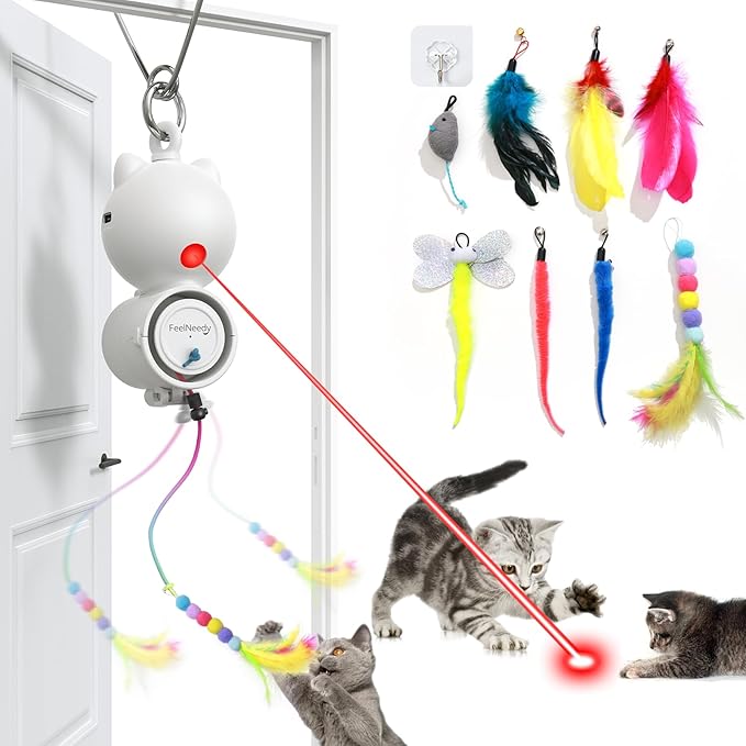 FEELNEEDY Laser Interactive Cat Toys, LED Light, 8 PCS Replacement Teaser with Bell Refills, Feather & Mouse Cats Toy, Hanging Cat Toys for Indoor Cats, for Bored Adult Kitten Exercise, Silver