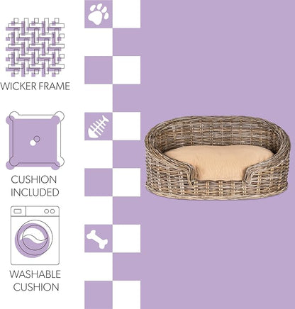 DBD1000A Curvy 28.5" x 17.25" Classic Handwoven Rattan Dog Bed with Machine-Washable Cushion, Kubu Gray
