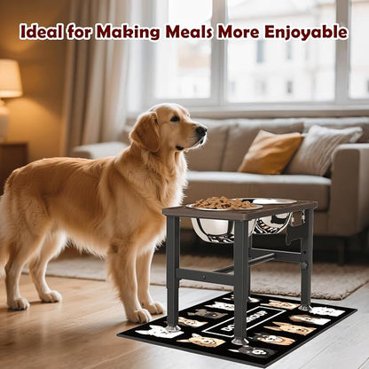 SHAINFUN Elevated Dog Bowls with Slow Feeder & Mat for Medium and Large Dogs, 12" Tall Adjustable Wooden & Metal Raised Dog Bowl Stand, 2 Stainless Steel 58oz Bowls for Food & Water