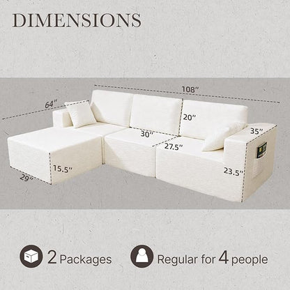 108” Modular Sectional Sofa Couch with Ottoman, 3-Seater Boneless Couch, L Shape Sectional Sofa Compressed Sofa for Living Room Bedroom, No Assembly Needed (White, 3 Seats+1 Ottoman)