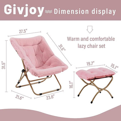 Givjoy Comfy Folded Chair with Ottoman, Oversized Folding Faux Fur Chair Soft Furry Lounge Lazy Chair with Metal Frame Moon Chair Accent Chair for Bedroom, Living Room, Dorm Rooms