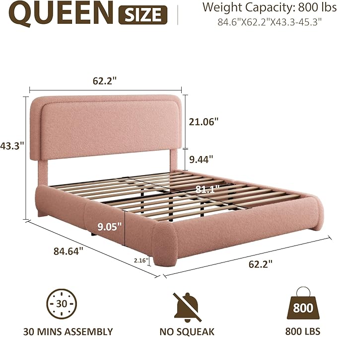 Queen Bed Frame, Teddy Velvet Boucle Bed Frame with 43.3"/45.3" Adjustable Upholstered Headboard, Rounded Corners, Mattress Foundation, No Box Spring Required, Pink