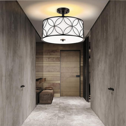 3-Light Semi Flush Mount Ceiling Light, 16" Drum Light with Fabric Shade, Modern Close to Ceiling Lamp for Living Room Bedroom Dining Room Kitchen Hallway Entry Foyer (Black)