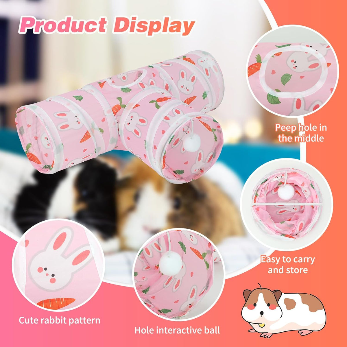 Rypet Guinea Pig Tunnel 3 Way Collapsible Small Pet Tunnels and Tubes with Interactive Ball for Baby Rabbit Ferret Hamster Chinchilla Hedgehog Hiding and Resting-Pink