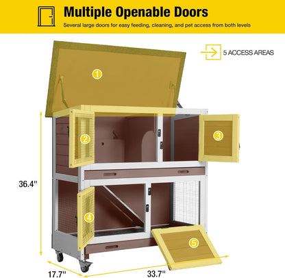 Aivituvin 2-Tier Rabbit Hutch with Tarp Door and Wheels Bunny Cage Indoor Outdoor Guinea Pig Cage Expandable with Pet Playpen 36" L, Brown