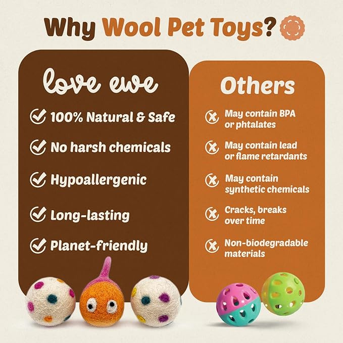 Hustle & Blush Wool Felt Balls 3 Pack Love Ewe Pet Supplies - 2 in Felted Wool Cat Toys 100% New Zealand Wools Felt Cat Toys Handmade Wools Felts Balls, Cats Felts Ball with Bell - Hook, Line & Jingle