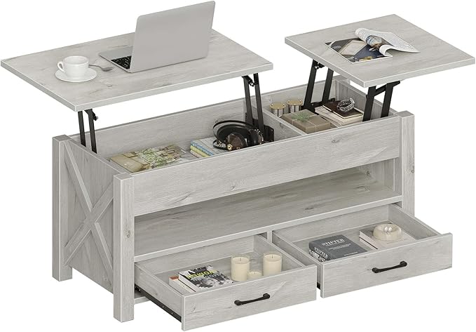 Seventable Coffee Table, 39.3" Lift Top Coffee Table with 2 Storage Drawers and Hidden Compartment, Retro Center Table with Wooden Lift Tabletop for Living Room, Gray