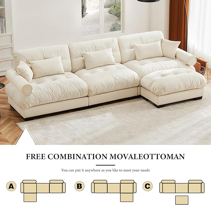 130"Oversized Couch, 3 Seater Modular Sectional Sofa, Beige White Large L Shaped Sectional Couches for Living Room, Fluffy Couch Set, 3 Seater, Velvet Cloud Couches with Ottoman, Sofas for Living Room