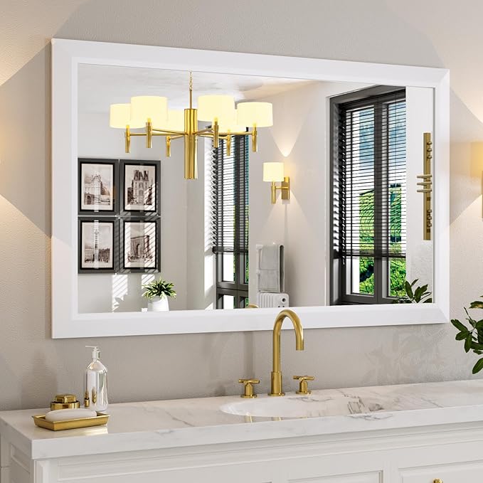 Amorho Bathroom Mirror, 48x30 Inch White Thick Metal Framed Wall Mirrors