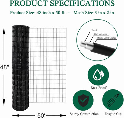 Black PVC Coated Welded Wire Fence 48 Inch x 50 Foot, 2 Inch x 3 Inch 16GA, Garden Border Fencing Roll Vinyl Coating Metal Wire Mesh for Yard Vegetable Plant Protection Poultry Netting