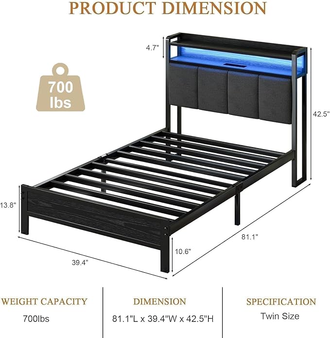 Twin Bed Frame with LED Lights and Charging Station, Metal Platform Bed Frame Twin with Upholstered Storage Headboard, Heavy Duty Metal Slats, No Box Spring Needed, Easy Assembly, Dark Grey