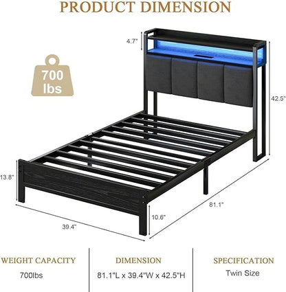 Twin Bed Frame with LED Lights and Charging Station, Metal Platform Bed Frame Twin with Upholstered Storage Headboard, Heavy Duty Metal Slats, No Box Spring Needed, Easy Assembly, Dark Grey