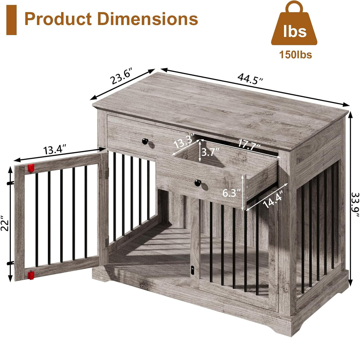 PUKAMI 44inch Dog Crate Furniture with Drawers,Wooden Dog Kennel Furniture for Large Breed,End Table Wood Dog House for Indoor use (Grey)