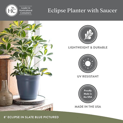 The HC Companies 16 Inch Eclipse Round Planter Pots with Drainage Holes & Attached Saucer, Lightweight UV-Resistant Plastic Indoor & Outdoor Planters, 2-Pack Flower Pots, Garden Home Decor, Slate Blue