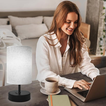 Small Bedside Lamp, Mini Minimalist Table Lamp with Round Flaxen Fabric Shade, 9 Inch Desk Reading Lamp for Bedroom, Living Room, Office, 1 Pack
