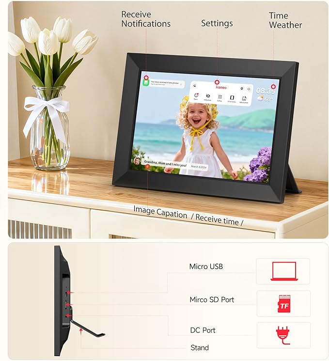 BIGASUO Digital Picture Frame, 10.1" Frameo Digital Frame WiFi