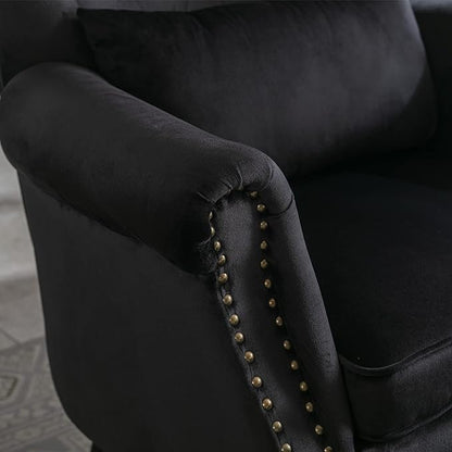 chairus Mid-Century Modern Accent Chairs with Ottoman Set of 2, Comfy Velvet Single Sofa Chair Button Tufted Wingback Armchairs with Pillow for Living Room/Bedroom/Club - Black