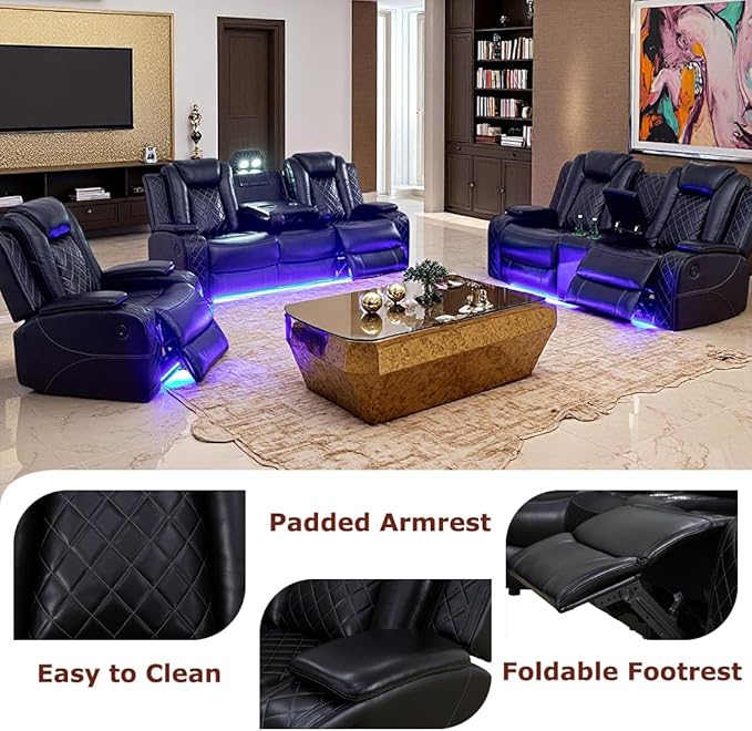 Leather Recliner Loveseat Set with LED Light, Power Black Leather Sectional Set, Living Room Furniture Sets 2 Seats, Modern Power Reclining Sofa Sets with Storage Console/Cup Holder for Living Room