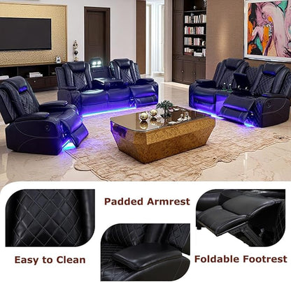 Leather Recliner Loveseat Set with LED Light, Power Black Leather Sectional Set, Living Room Furniture Sets 2 Seats, Modern Power Reclining Sofa Sets with Storage Console/Cup Holder for Living Room