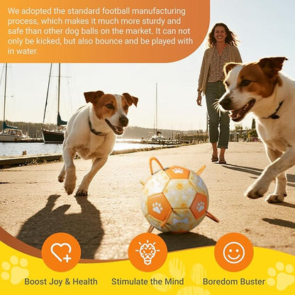 Size 2 Dog Soccer Ball with Straps Durable Training Ball for Pets Interactive Outdoor Dog Toy, Orange & Yellow, Eye-Catching Paw and Bones Design, for Small & Medium Puppie