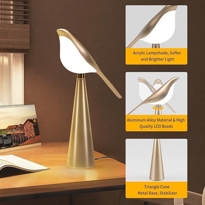 Small Desk Lamp, Bird Lamp, 10 Level Dimmable Brightness Bedside Night Light, Bedroom Table Lamp for Dorm, Office, Gifts, Reading, 3 Colors, Metal Finish, Gold, 360° Rotation