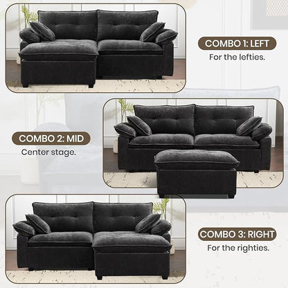 PALLOME 82" Deep Seat Comfy Cloud Couch, Modular Sectional Sofa with Movable Ottoman, L Shaped Chenille Sofa for Small Space, Modern Apartment Living Room & Office (Grey, 2-Seat + Ottoman)